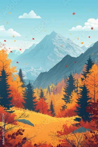 Colorful autumn illustrations of mountain scenery