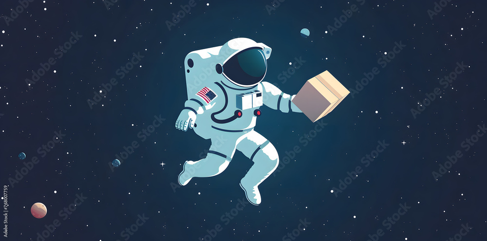Astronaut with cardboard box delivery in space flat style illustration Astronaut with cardboard box delivery in space flat style illustration