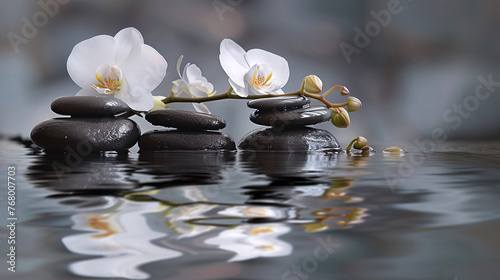 Therapy stones with white orchids.
White orchid on pebble in water drop