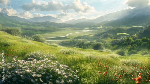 Idyllic mountain landscape with blooming meadows in springtime