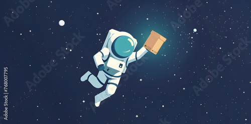 Astronaut with box delivery in space flat illustration  © Oksana