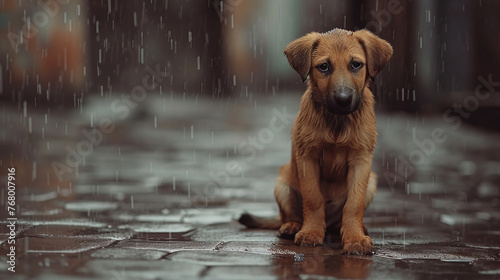 stray homeless dog sad abandoned hungry puppy sitting alone in the street under rain dirty wet lost dog outdoors pets adoption shelter rescue help for pets