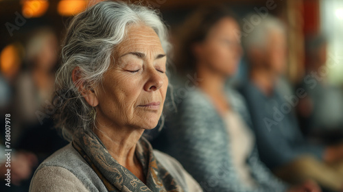 Portrait of mature woman practicing meditation in group. Generative AI