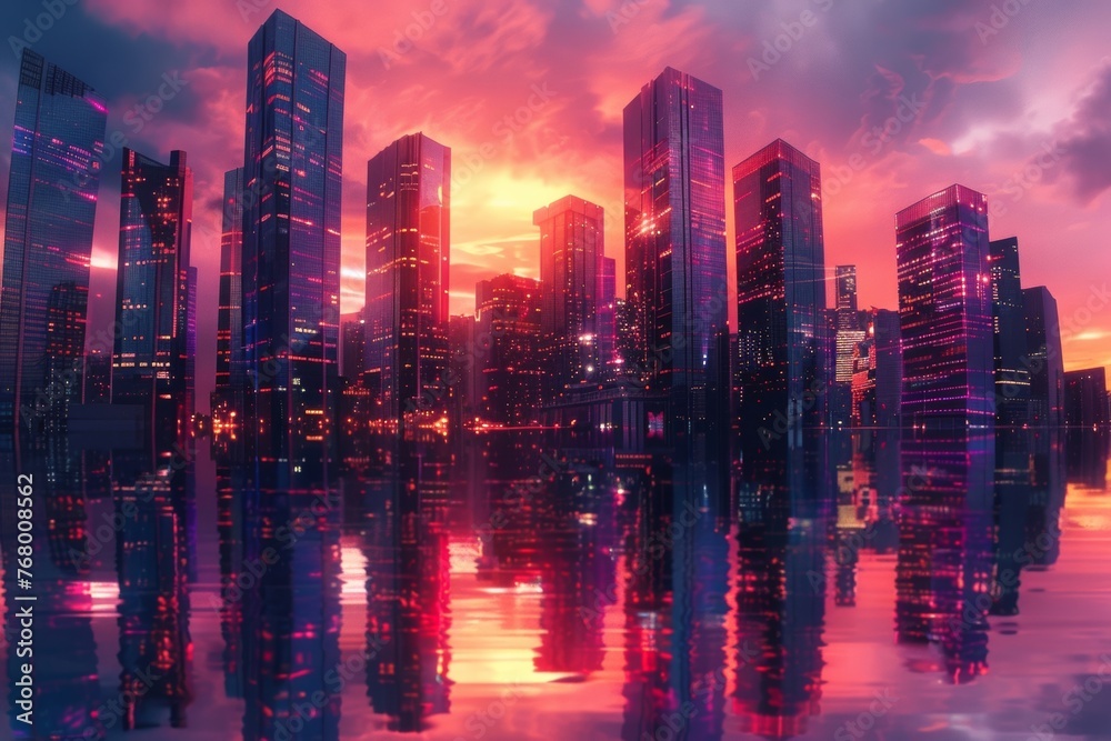 The realism of titanium skyscrapers reflecting the colors of the sunset The realism of titanium skyscrapers reflecting the colors of the sunset