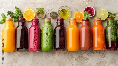 a vibrant image of assorted detox juices in clear glass bottles, arranged in a row against a light, neutral background, with ingredients like beets, carrots.
