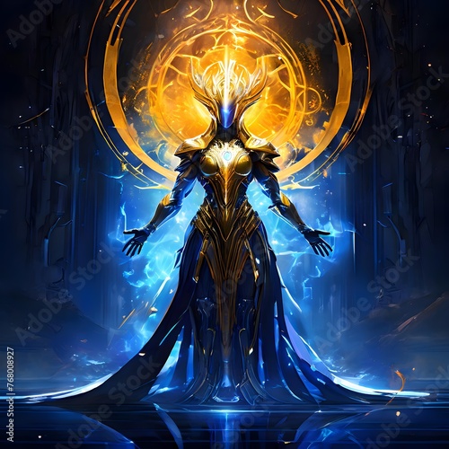 celestial man being protoss lighting blue and yellow and golden  photo