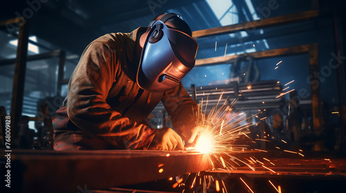 A worker wearing a welding mask creating sparks while working on a metal structure.