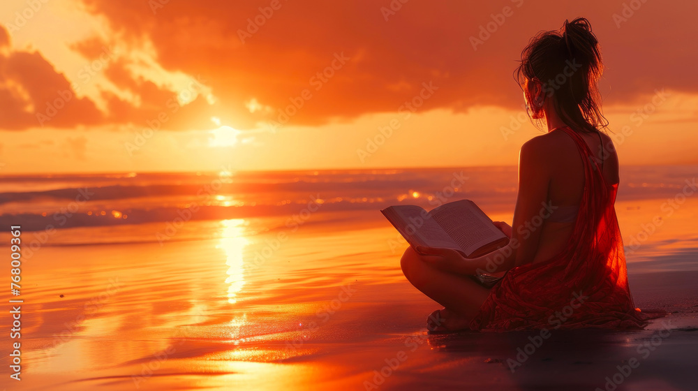 Ocean's Whisper: Woman Reading at Dusk