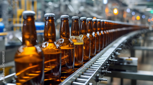 Production line filled with rows of beer bottles