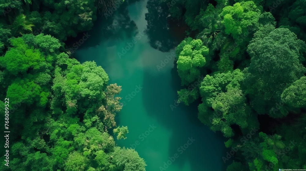 A tranquil river winding through a lush green forest from a bird's eye view.