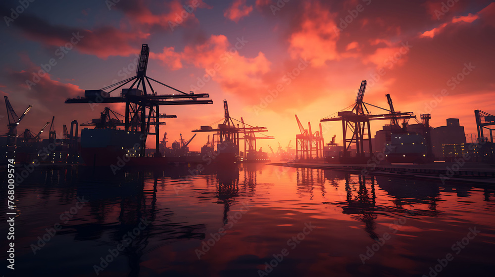Industrial cranes silhouetted against a colorful sunrise at a bustling port.