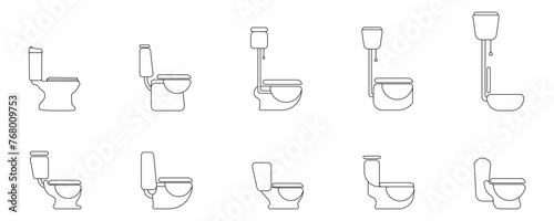 Lavatory bowl line icon vector set. Toilet logo outline. Simple stylish linear toilet. Furniture for the vector bathroom room. Symbol toilet bowl. Vector illustration.