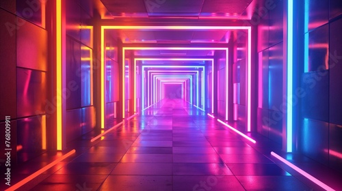 Vibrant neon lights lining a modern corridor, creating an illusion of infinite depth.