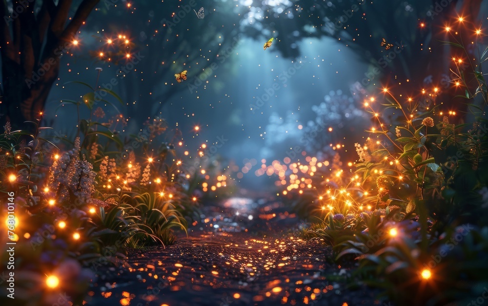 Create a dazzling 3D visualization of an enchanting magical forest at dusk featuring glowing flora and sparkling fairy dust floating around.