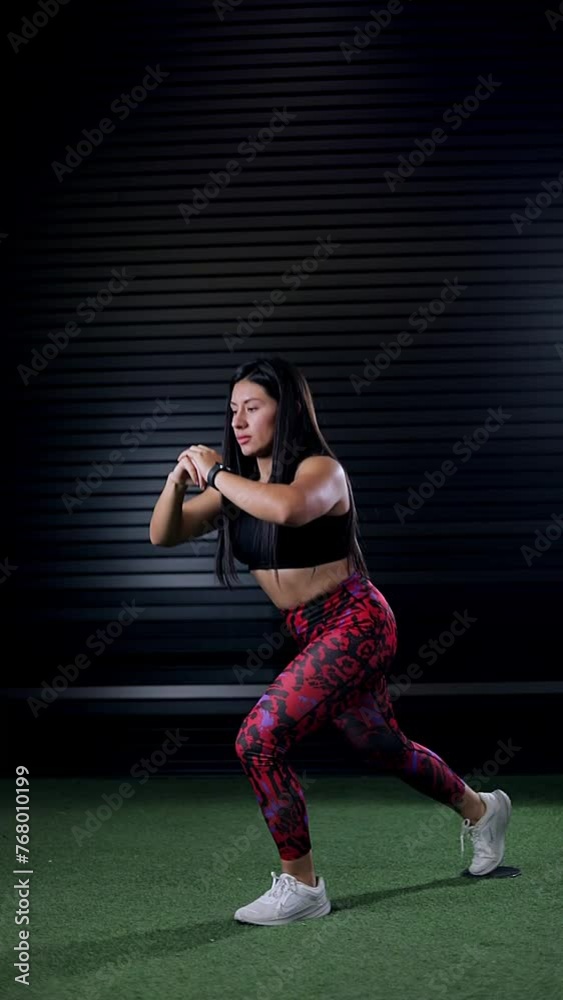 Mexican trainer doing lunges in the gym. Advertising video of a woman in sports clothing exercising Mexican trainer doing lunges in the gym. Advertising video of a woman in sports clothing exercising
