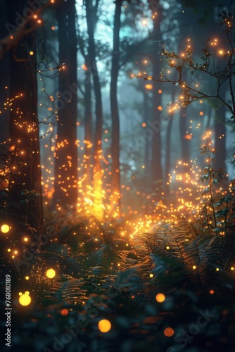 Create a dazzling 3D visualization of an enchanting magical forest at dusk featuring glowing flora and sparkling fairy dust floating around.