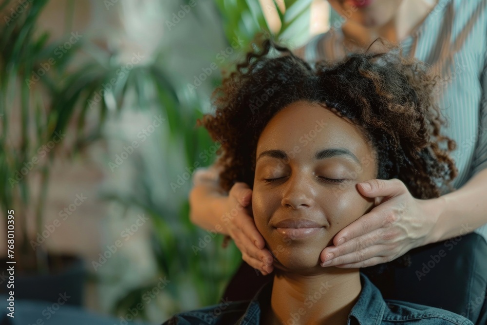 Young African American Woman Enjoying a Tranquil Facial Massage Treatment at a Spa Surrounded by Refreshing Green Plants in the Background Young African American Woman Enjoying a Tranquil Facial Massage Treatment at a Spa Surrounded by Refreshing Green Plants in the Background