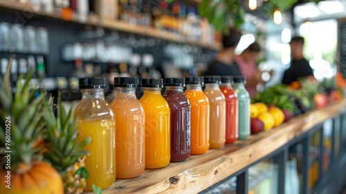 Customers can be seen browsing through the display of fresh organic fruit and vegetable juices at a trendy artisanal juice bar.