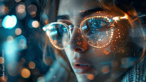 A creative depiction of a woman wearing spectacles, gazing at a virtual realm, representing her relationship with the digital age