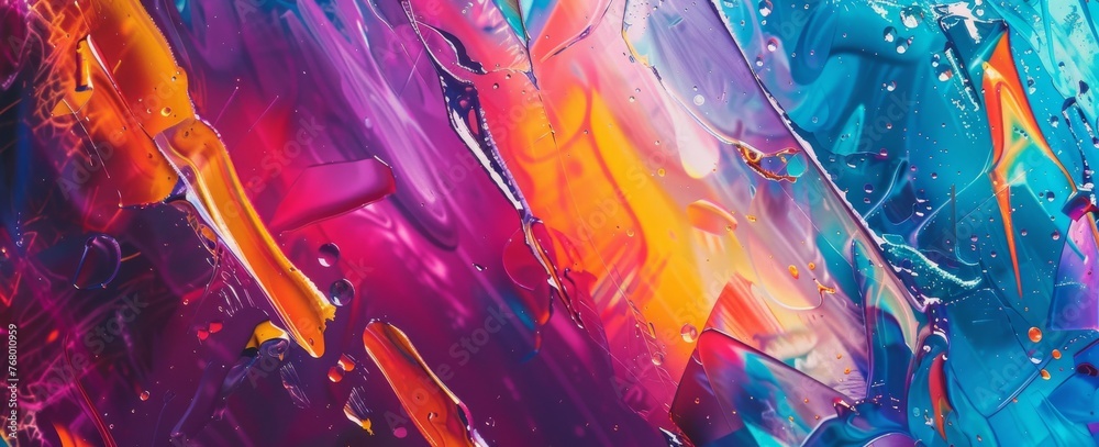 Dynamic abstract painting with a vibrant explosion of red, blue, and magenta hues, evoking intense energy and motion.