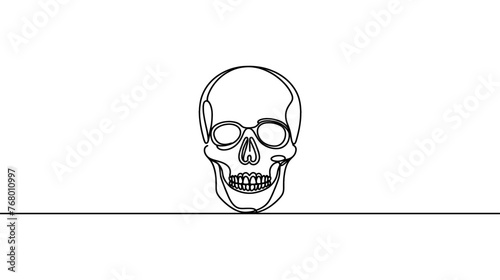 Continuous thin line human skull vector illustration, minimalist cranium sketch doodle. One line art scull icon, single outline drawing or simple skull logo.