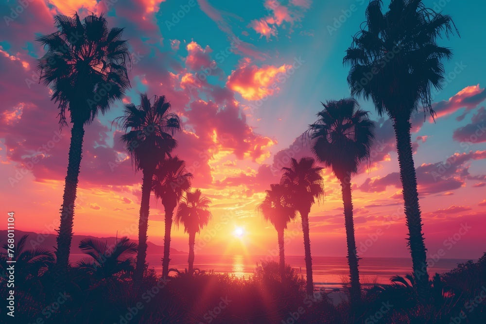 Colorful Sunset Sky Behind Palm Tree Silhouettes
