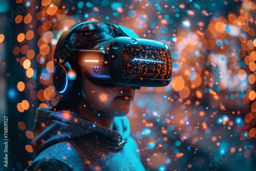 A youthful male adjusting his virtual reality glasses while exploring a cutting-edge cyber environment - The idea of virtual reality  advancement  and fresh tech concepts.