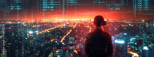 Cybersecurity guardian AI overlooking a digital cityscape at night, neon code streams.