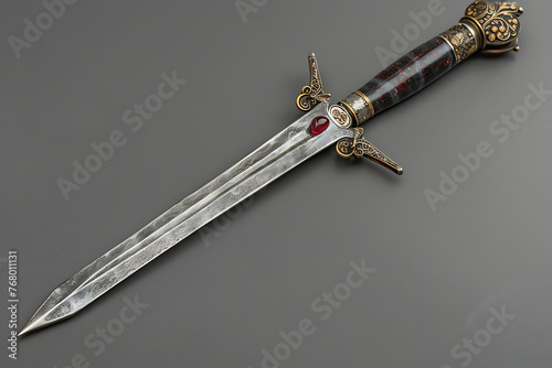A striking image of a long dagger, with its blade covered in red, suggesting danger and intrigue