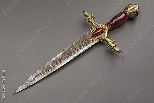 A striking image of a long dagger, with its blade covered in red, suggesting danger and intrigue