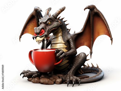 Dragon sipping coffee isolated on white background