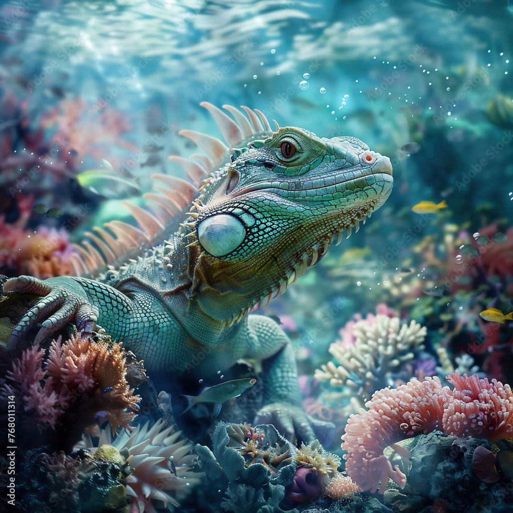 Dragon in a coral reef with corals and fish