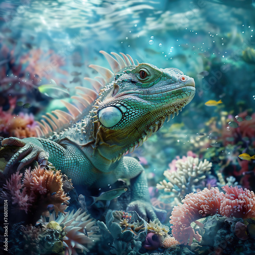 Dragon in a coral reef with corals and fish © Soeren