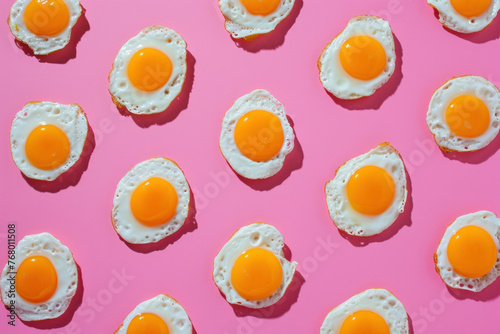 Fried eggs arranged in a pattern on bright pink background for colorful food concept design