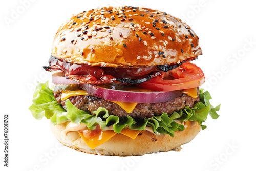 A juicy hamburger with sesame seed buns sits alone