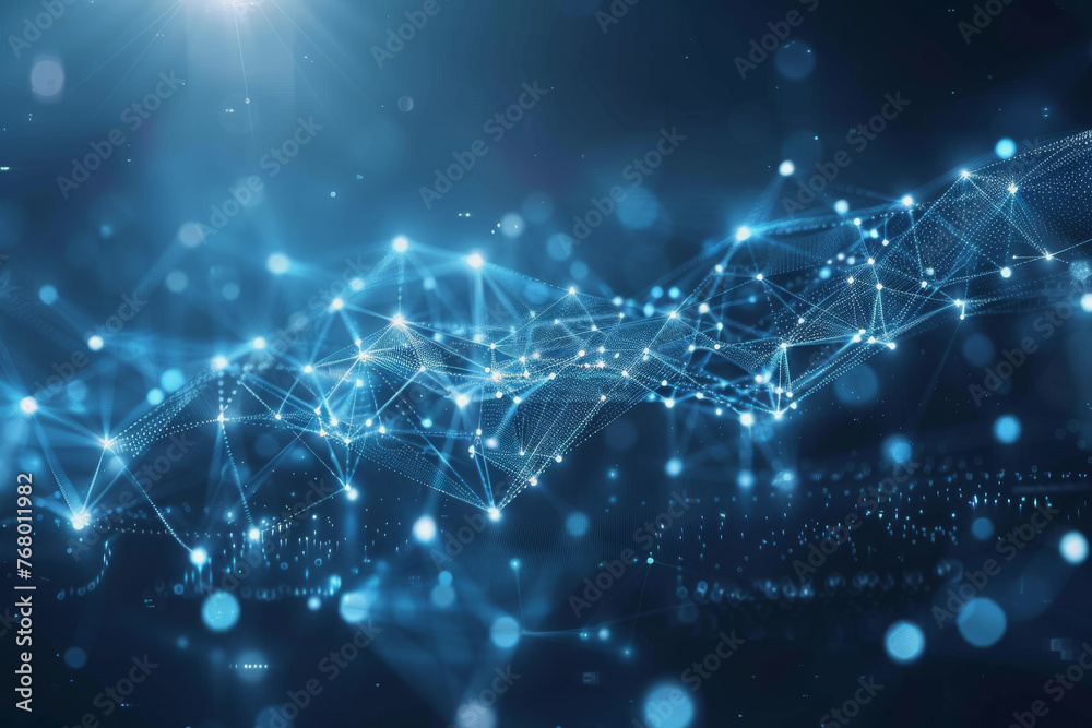 Abstract Technology Network of glowing blue mesh or interwoven lines on a dark background.