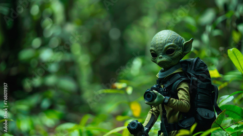 Intriguing scene of an alien with a camera and backpack, venturing through the dense foliage of a tropical rainforest, highlighting exploration and photography.