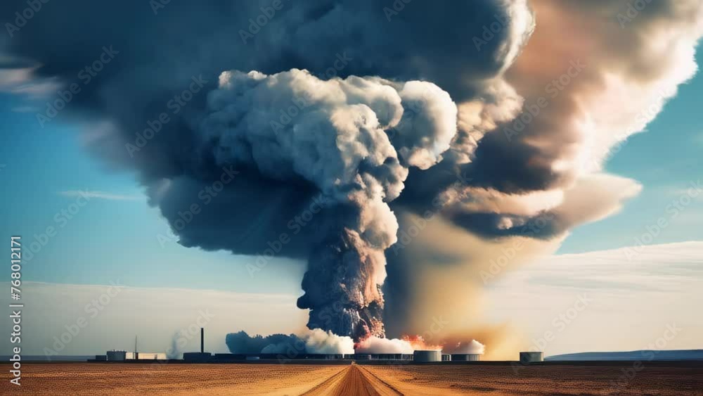The explosion of a huge nuclear bomb with a mushroom cloud on the territory of a military plant, a weapon of mass destruction. Retro style