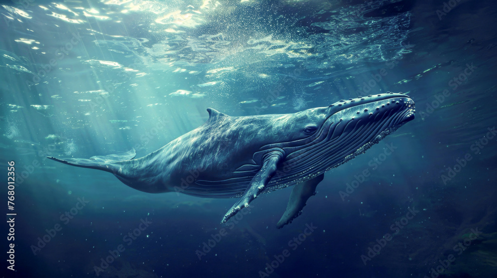 Fototapeta premium A captivating image depicting the impressive presence of a humpback whale as it breaks the surface of the Caribbean Sea, offering a glimpse into the mesmerizing world beneath the waves