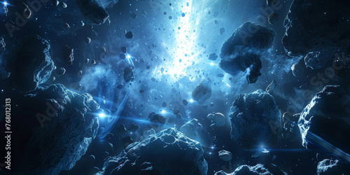 dark blue starry sky with white rays of light , surrounded by floating small rocks and dust particles Explosion , warp space photo