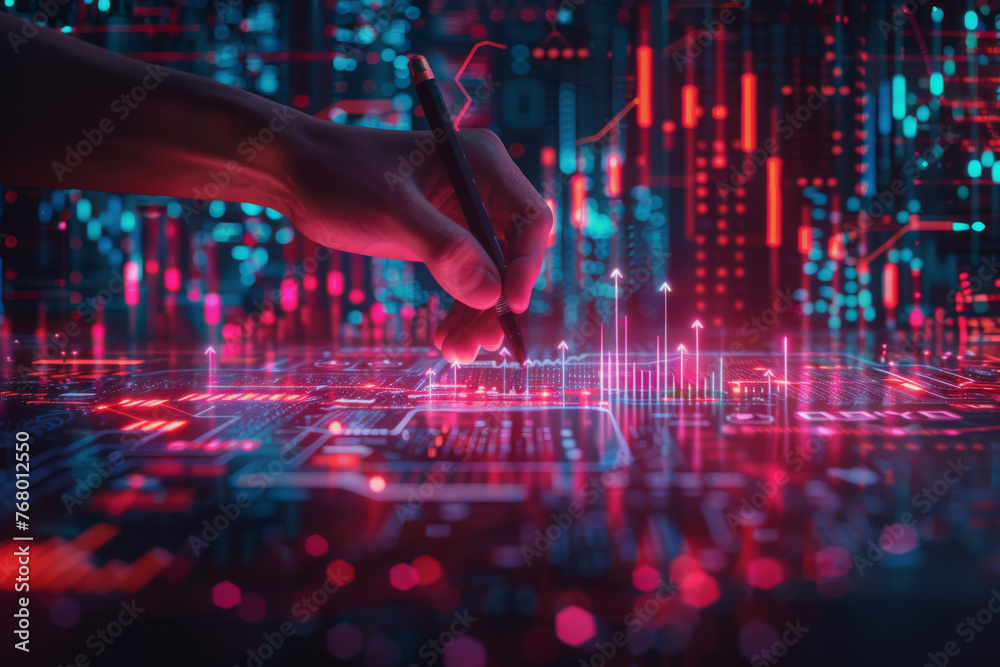 Digital businessman hand drawing growth graphs and financial data with hologram charts. Digital businessman hand drawing growth graphs and financial data with hologram charts.