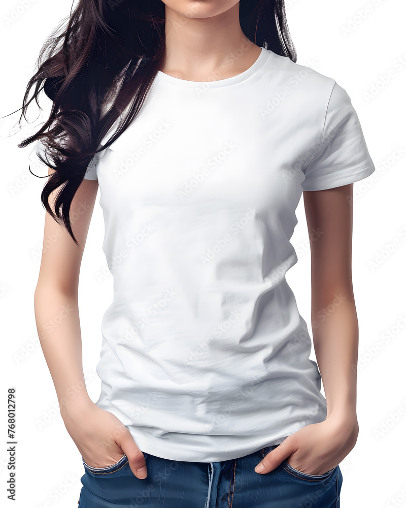 Woman wearing t-shirt on blank background. Women's white t-shirt mockup, front view, no design on the shirt. Woman wearing t-shirt on blank background. Women's white t-shirt mockup, front view, no design on the shirt.