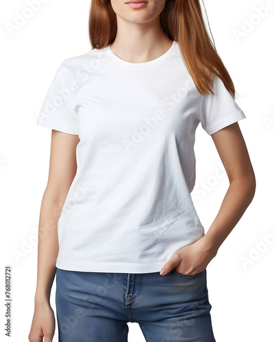 Woman wearing t-shirt on blank background. Women's white t-shirt mockup, front view, no design on the shirt. 