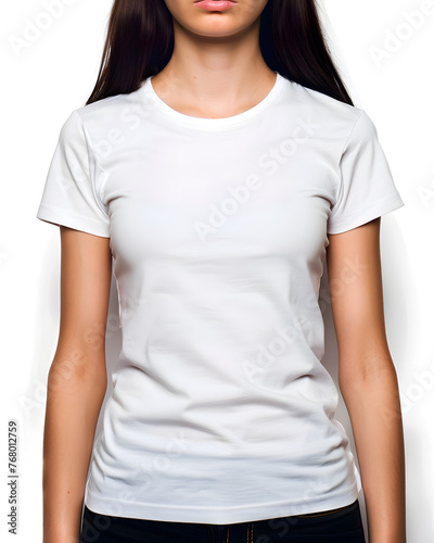 Woman wearing t-shirt on blank background. Women's white t-shirt mockup, front view, no design on the shirt. 