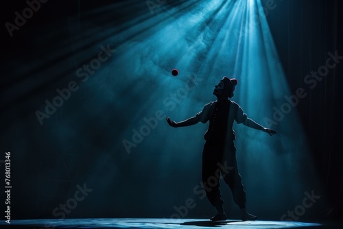 Enchanting Clown with Colorful Balls Juggling on Spotlighted Stage, Surrounded by Dark Background and Whimsical Smoke, Captivating the Audience photo