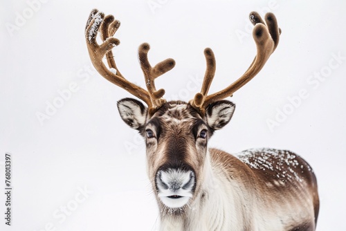 a reindeer with antlers in the snow