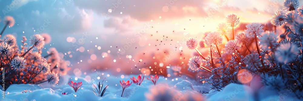 crocuses in various colors are blossoming on the snowcovered ground with a blue sky and sun rays. purple, pink, and yellow flowers on snowy landscape, winter flower themes, banner - obrazy, fototapety, plakaty 
