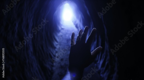 A silhouette of a hand reaching out towards a bright light at the end of a dark, narrow tunnel
