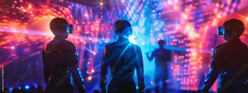 Obraz premium Digital concert with holographic performers from the 80s, attended by an avatar audience in VR.