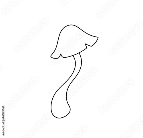 Vector isolated one single simple mushroom toadstool with a crooked curved leg colorless black and white contour line easy drawing